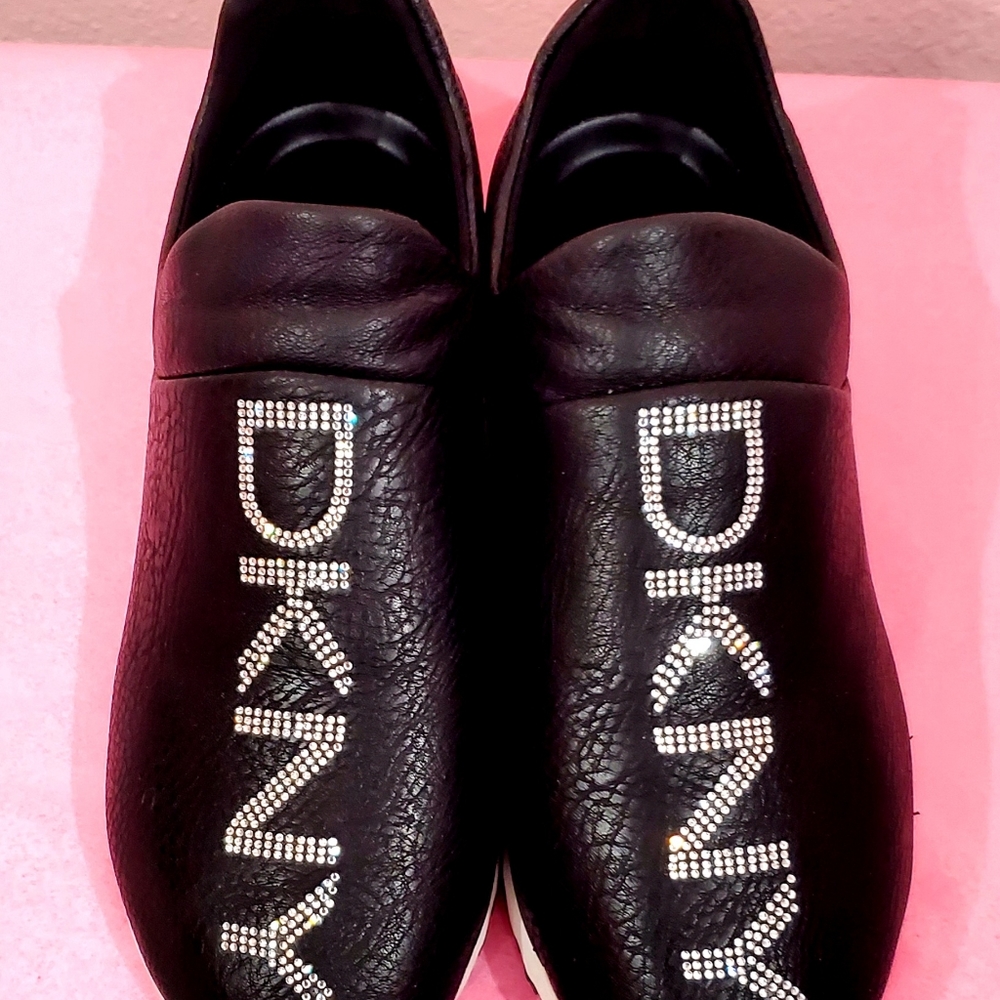 *NWOB* DKNY Rhinestones Logo Black Leather Wedge Sneakers - Size 5.5M